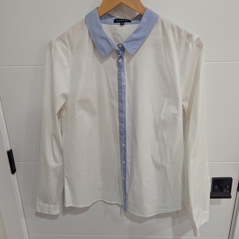 🧡 Caroll Paris Women's Buttondown White w/ Blue Collar & Front Placket | 44 (L)